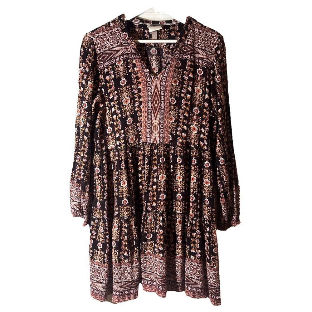 Knox Rose Dress Women's Burgundy Floral Boho Tiered Long Sleeve Mini Excellent L